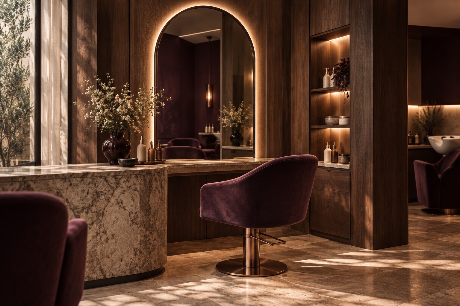 Warm salon interior with plum chairs and arched mirrors