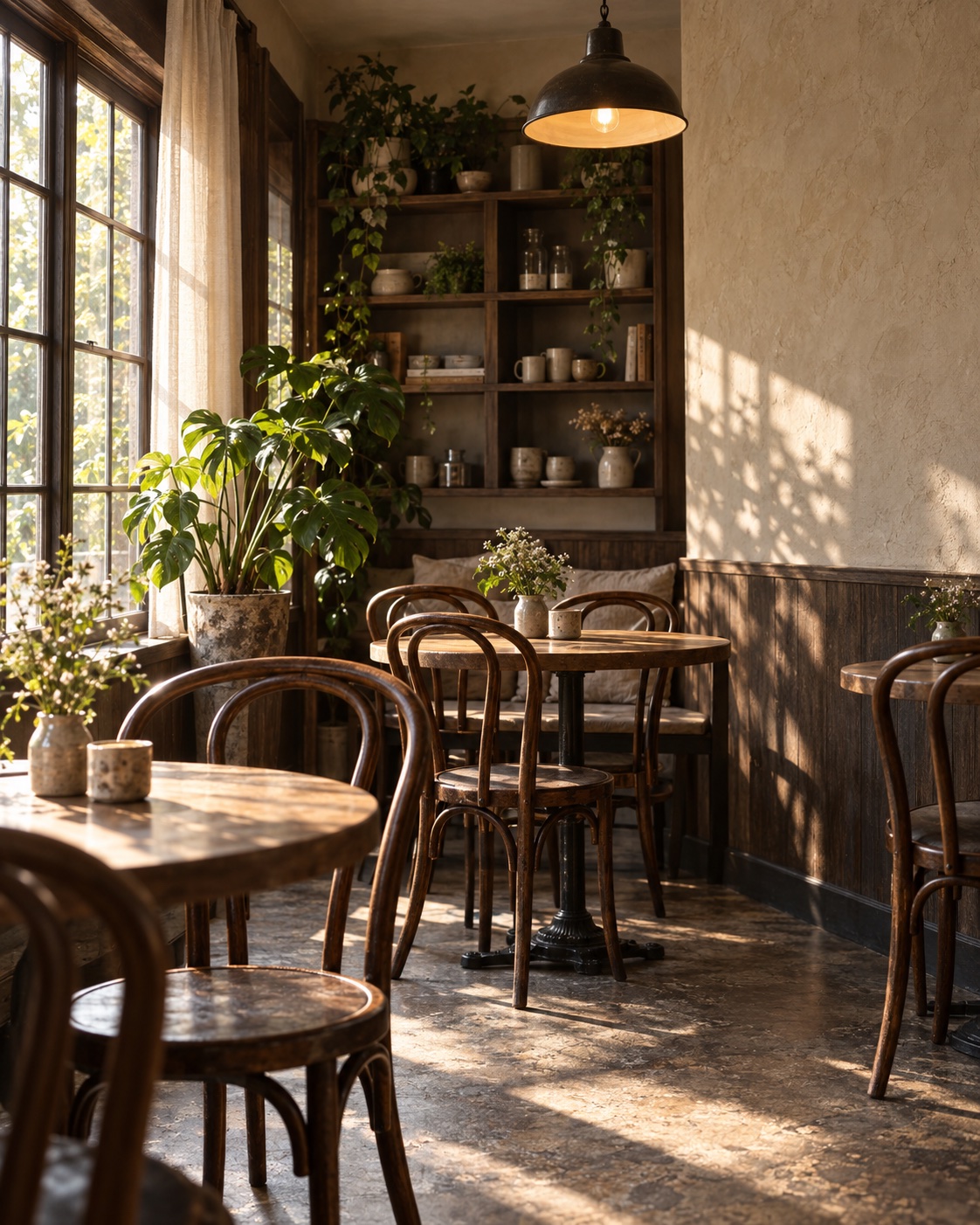 An intimate café with bentwood chairs, plants and afternoon light