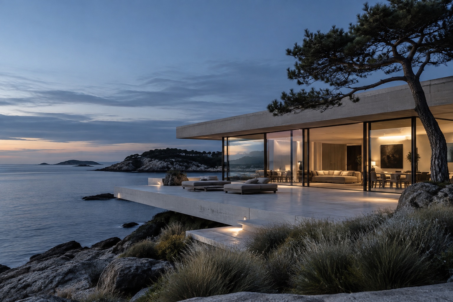Contemporary glass-fronted house above a calm coastline