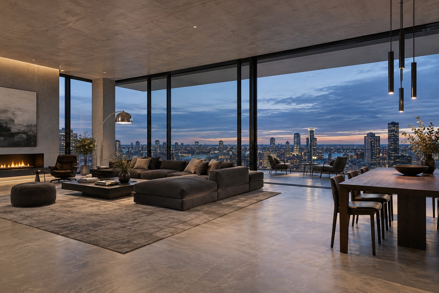 Penthouse living room with floor-to-ceiling city views