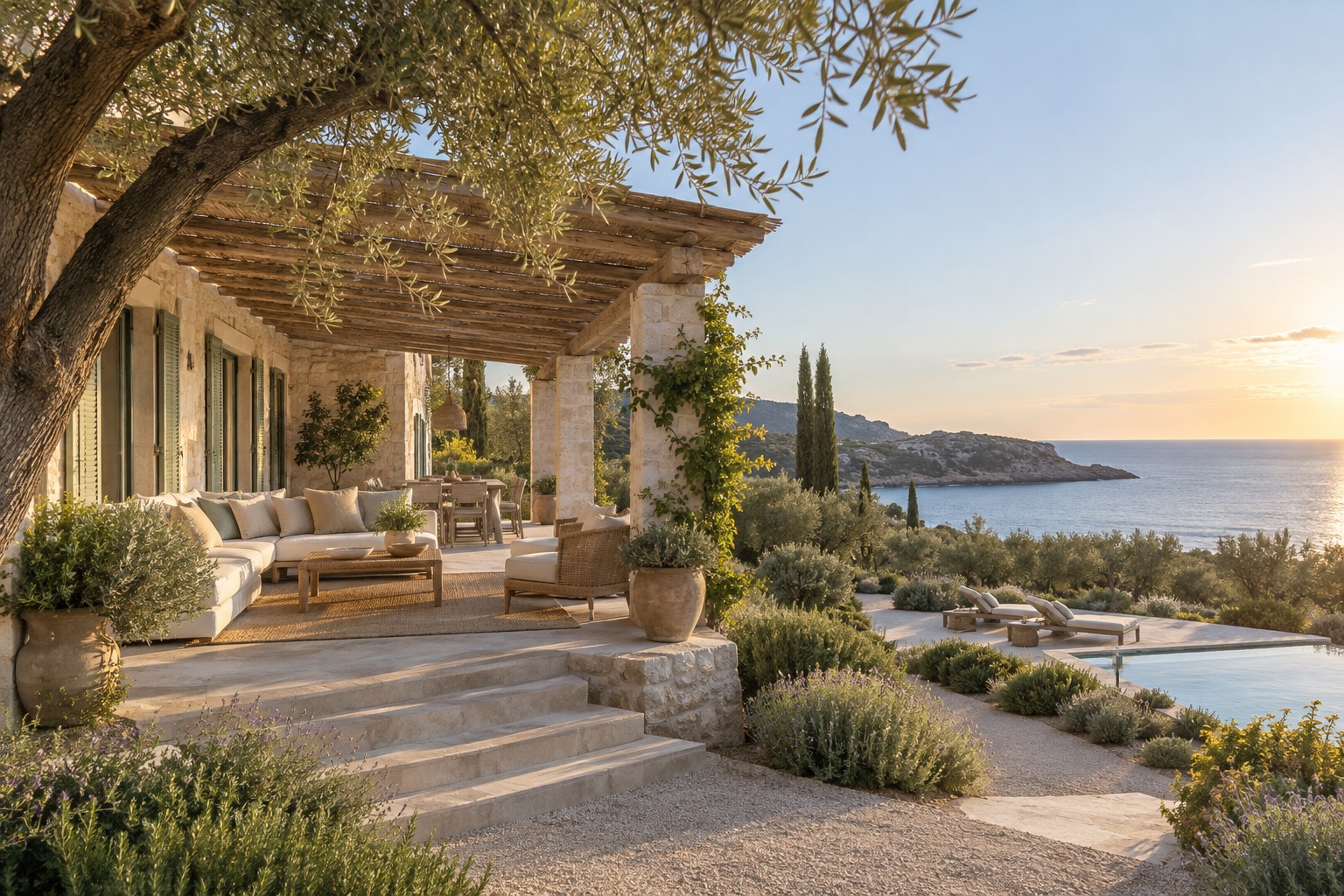 Pale stone coastal villa and shaded terrace overlooking the sea