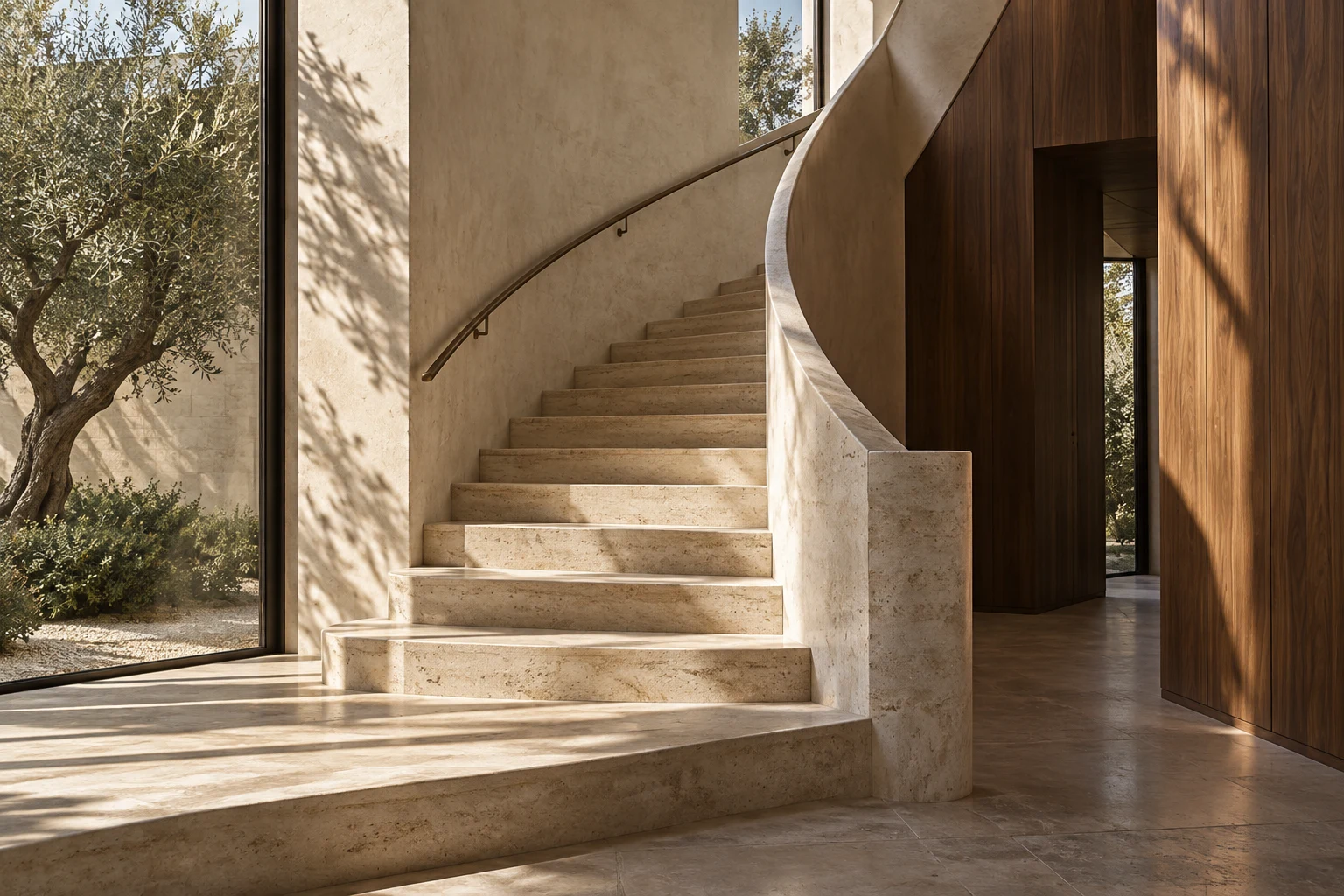 A curved travertine stair beside walnut joinery and soft sunlight