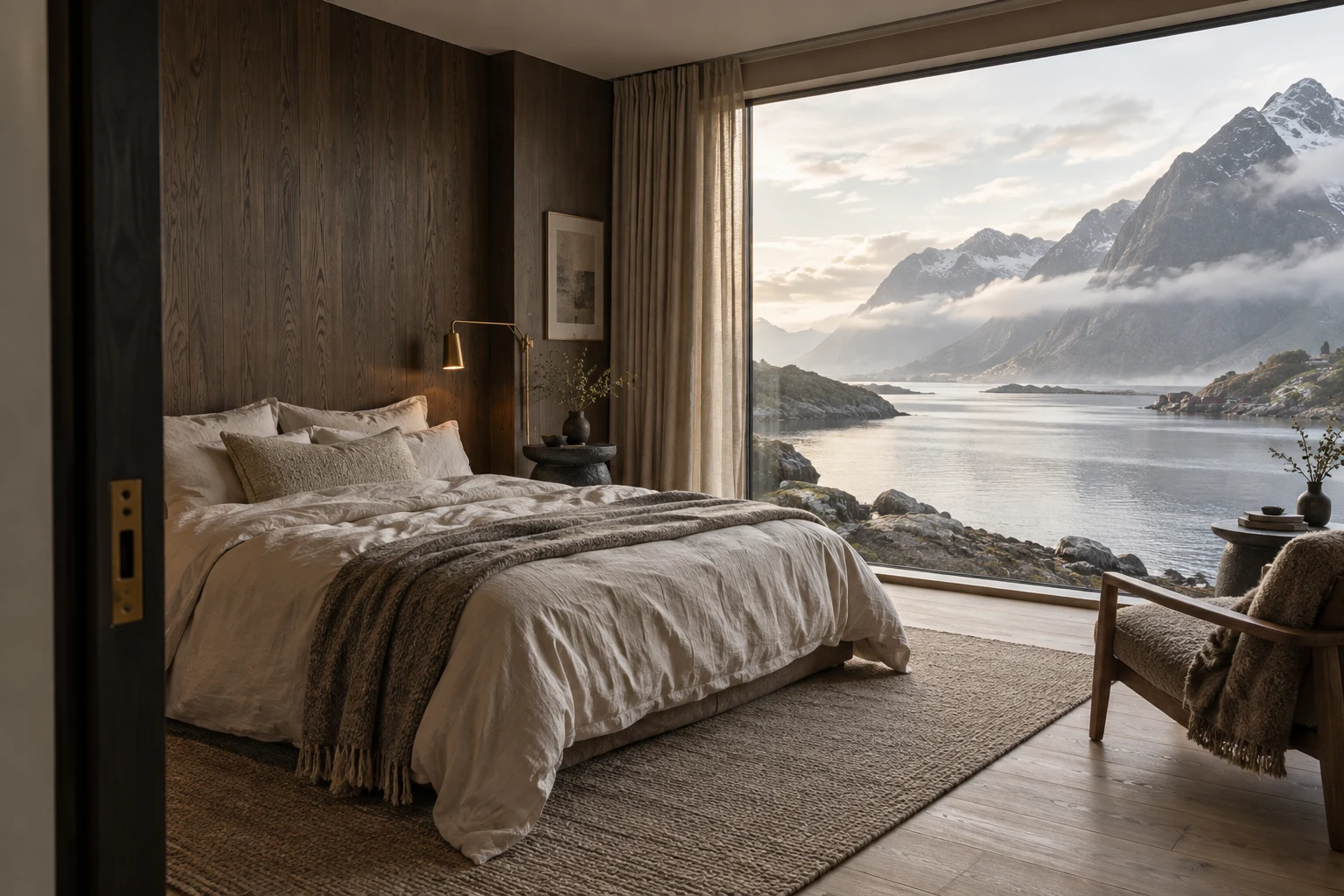 A linen bed and oak interior overlooking a mountain fjord